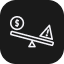 Black square icon with a white seesaw. On one end is a circle with a dollar sign, and on the other end is a triangle with an exclamation mark.