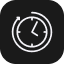 Icon of a clock with two circular arrows surrounding it, symbolizing time or a schedule. The background is black and the icon is white.