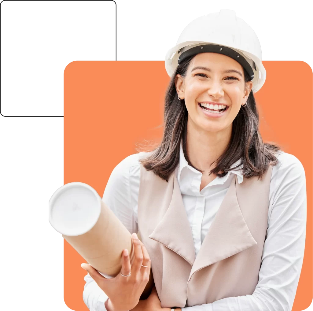 A person wearing a white safety helmet and beige vest smiles while holding a rolled-up document, showcasing their expertise in engineering against an orange background.