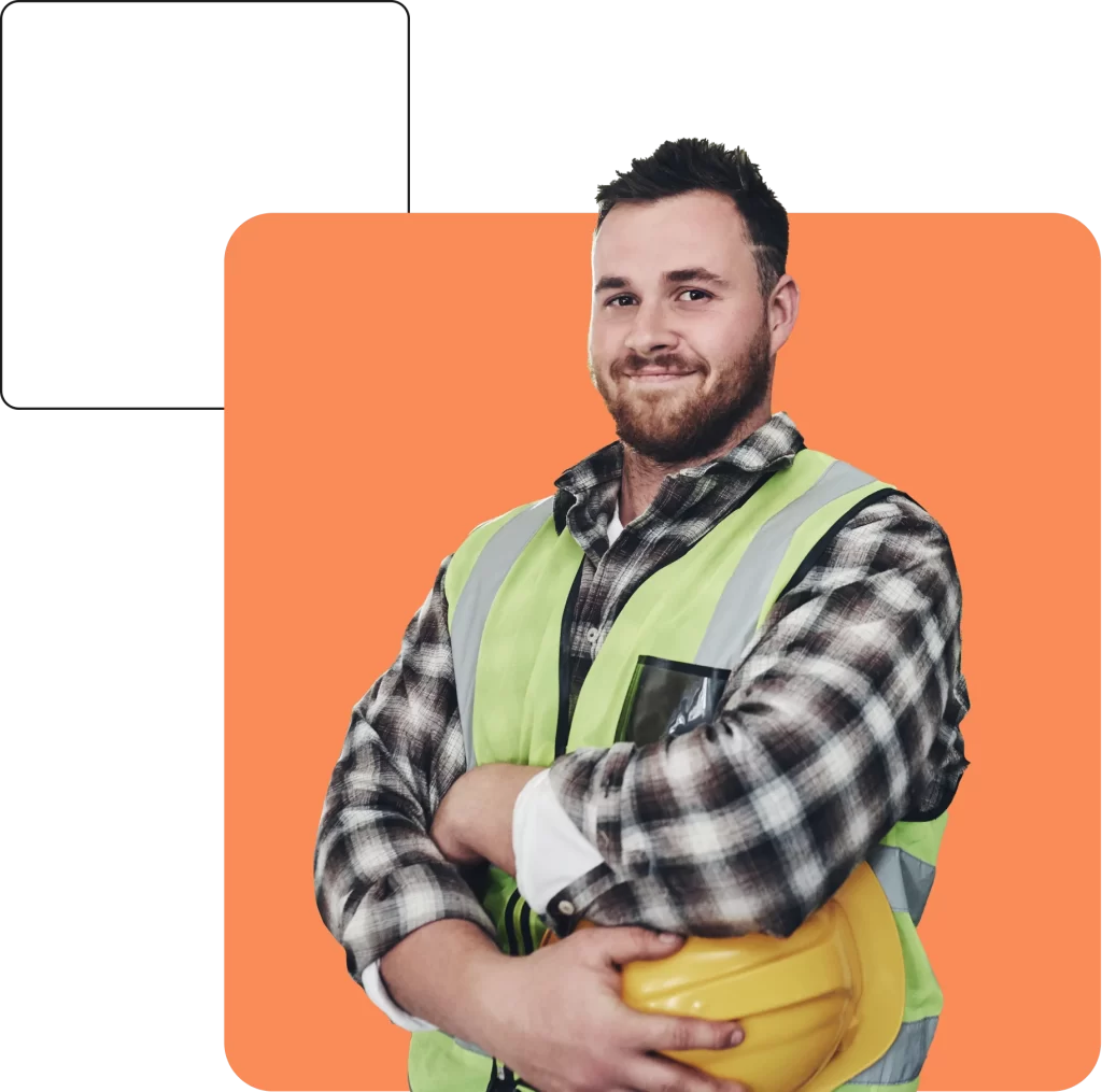 A man wearing a reflective safety vest over a plaid shirt holds a yellow hard hat against an orange background, embodying the spirit of Builders Insurance.