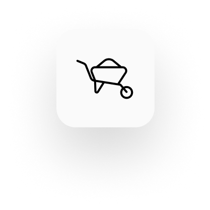 Icon of a wheelbarrow depicted in a simple, black line drawing on a white square background with rounded corners, ideal for representing builders insurance.